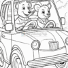 A bear and a kangaroo happily drive a small car through a scenic landscape, with hills and clouds in the background.