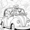 A bear and a raccoon happily driving a cartoon car along a winding road, surrounded by trees.