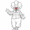 A cheerful clown with a red nose, curly hair, and a bow tie, wearing oversized pants and a striped shirt, smiling and waving.