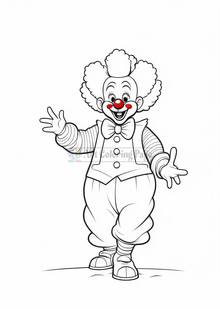 A cheerful clown with a red nose, curly hair, and a bow tie, wearing oversized pants and a striped shirt, smiling and waving.