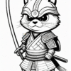 A cartoon cat dressed as a samurai, wearing armor and wielding a katana, with a serious expression.