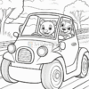 Two cheerful cartoon bears driving a small car along a winding road, surrounded by trees and clouds.