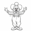 A happy clown with a big smile, wearing a bow tie and striped shirt, standing with arms raised in a cheerful pose.