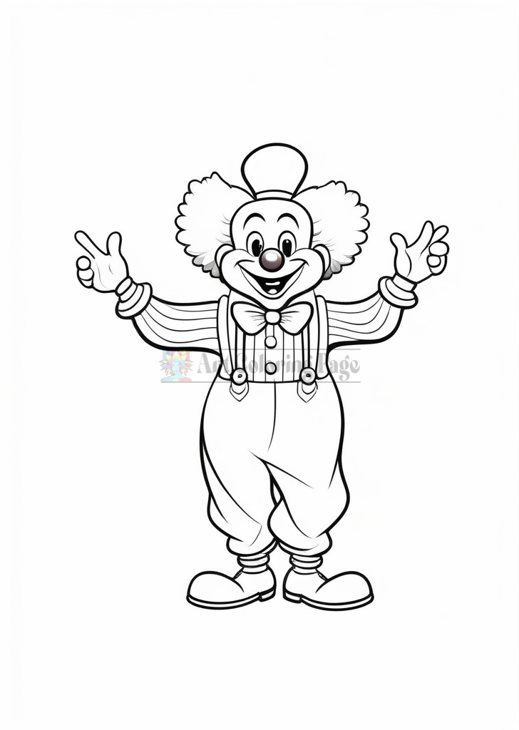 A happy clown with a big smile, wearing a bow tie and striped shirt, standing with arms raised in a cheerful pose.