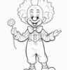A cheerful clown with curly hair, holding a flower, wearing a bow tie and striped overalls, smiling and gesturing.