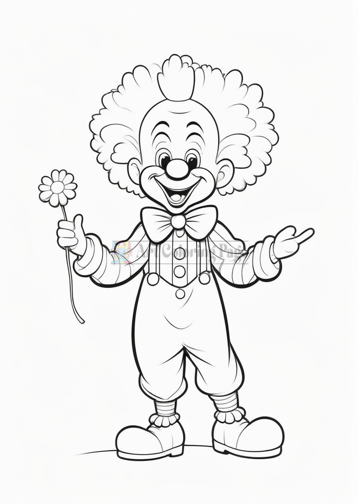 A cheerful clown with curly hair, holding a flower, wearing a bow tie and striped overalls, smiling and gesturing.