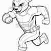 A cartoon character resembling a muscular cat in a superhero costume, running with determination.