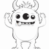 A cartoon-style monster with three eyes, spiky hair, and a wide smile, raising its arms in a cheerful pose.