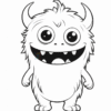 A cute cartoon monster with big eyes, a wide smile, fluffy hair, and small horns, ready for coloring.