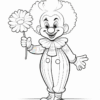 A happy clown with a big smile, holding a flower, wearing a colorful outfit with big shoes and curly hair.