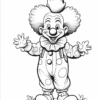 A cheerful clown with curly hair, wearing polka dot overalls and clown shoes, stands smiling with arms raised.
