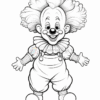 A cheerful clown with big curly hair, wearing a ruffled collar and overalls, standing with arms open wide.