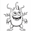 A cartoonish monster with horns, sharp claws, and a big smile, designed for coloring, standing against a plain background.