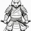 A fierce rabbit samurai wearing armor, holding a sword, stands ready for battle. The character displays confidence and strength.