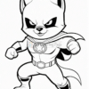 A cartoon-style super dog character with a muscular build, wearing a superhero costume, cape, and a determined expression.