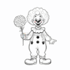 A cheerful clown with a fluffy wig, wearing overalls and holding a flower, stands smiling and pointing.