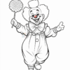 A cheerful clown with a big bow tie and curly hair, holding a flower and waving, in a coloring page style.