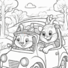 A happy rabbit and a cheerful mouse are driving together in a small car, surrounded by trees and a scenic road.