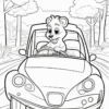 A cartoon raccoon character driving a convertible car along a tree-lined road, with a cheerful expression.