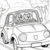 Two cartoon bears, wearing hats, happily driving a classic car on a winding road through a tree-lined landscape.