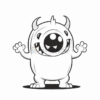 A cartoonish monster character with horns, a wide mouth displaying sharp teeth, and a cheerful expression, waving its hands.