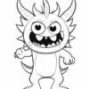 A cartoon monster with spiky hair, big eyes, and sharp teeth, standing confidently with a mischievous grin.
