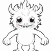 A cute, cartoonish monster with large eyes, spiky hair, and a big smile, standing with its arms outstretched.
