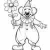 A cheerful clown holding a large flower, wearing a striped party hat and oversized shoes, with a big smile and a ruffled collar.