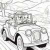 A bear and a goat are driving a vintage convertible car along a scenic road, surrounded by hills and trees.