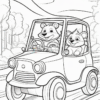 Two cartoon bears, one driving and the other waving, ride in a small car on a winding road, surrounded by trees and mountains.
