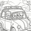 A raccoon, a cat, and a fox are happily riding in a small car on a scenic road, surrounded by trees and mountains.