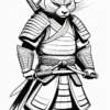 A samurai cat character wearing armor and holding a sword, depicted in a black and white coloring page style.