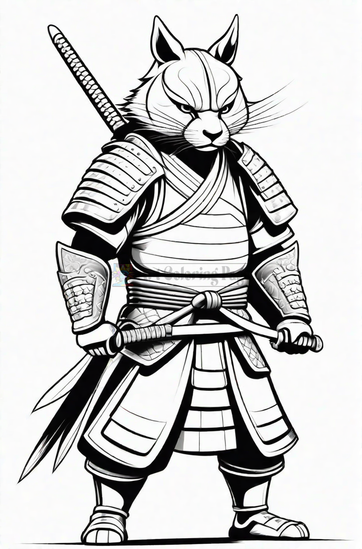 A samurai cat character wearing armor and holding a sword, depicted in a black and white coloring page style.
