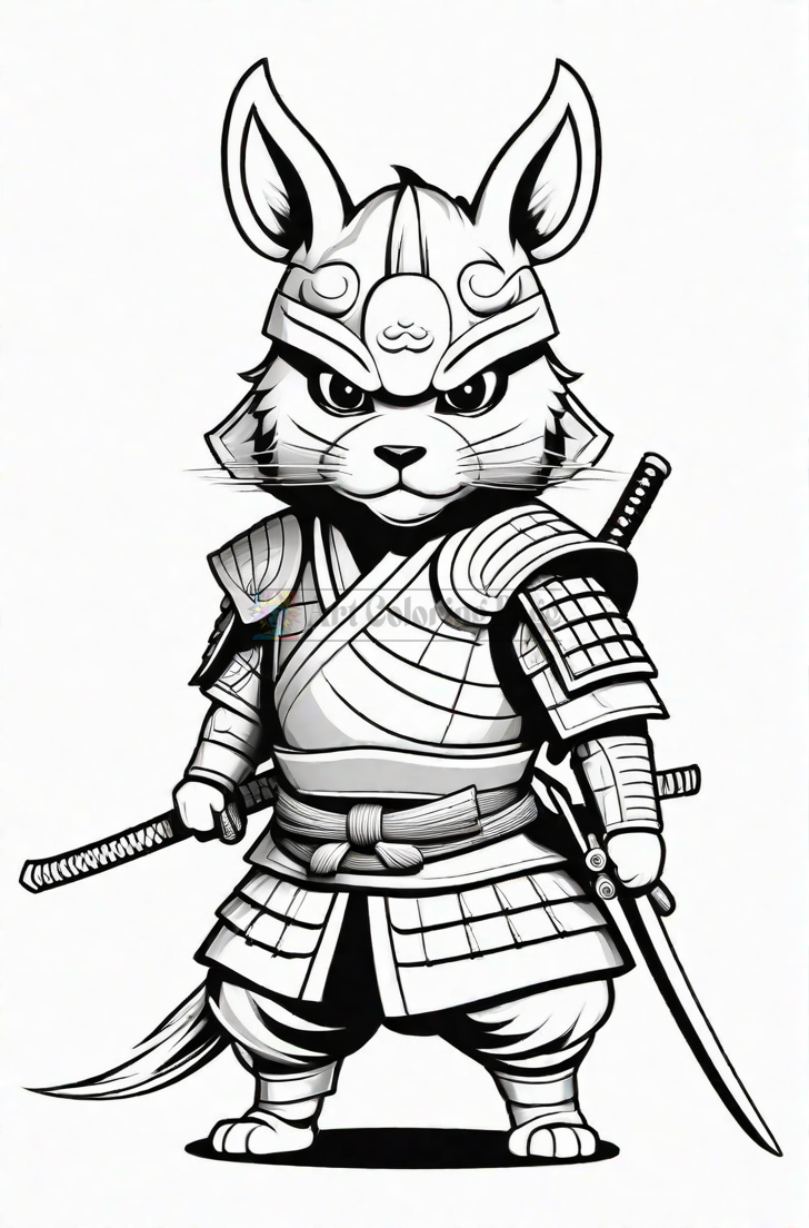 A samurai rabbit wearing ornate armor and a helmet, holding a katana and standing confidently.