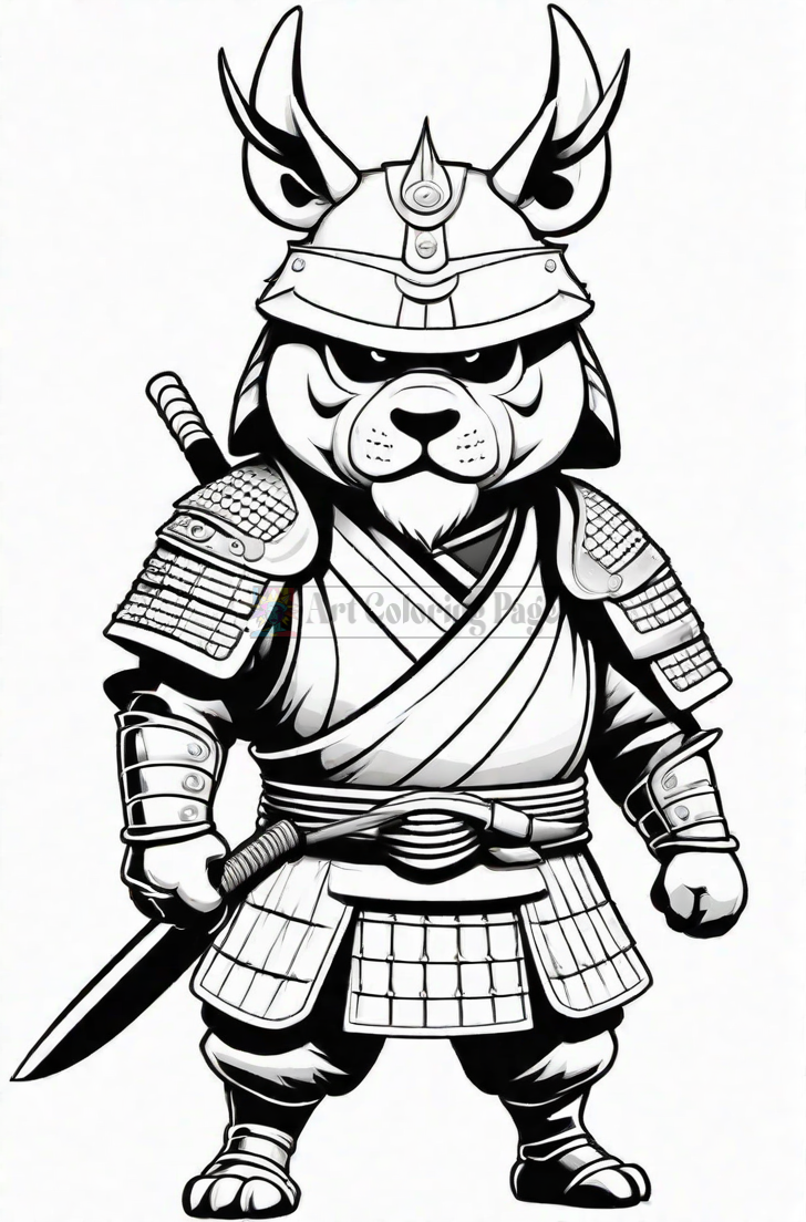 Samurai rabbit wearing armor, holding a sword, with a fierce expression and antler-like horns.