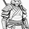 Detailed black and white illustration of a samurai cat character, wearing traditional armor and holding a sword.