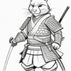 A rabbit dressed as a samurai, wearing armor and holding a katana, with a determined expression.
