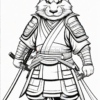 A fierce anthropomorphic cat warrior in samurai armor, holding two swords and ready for battle.