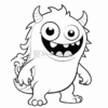 A cute, cartoonish monster with large eyes, a big smile, horns, and a fluffy tail, ready for coloring.