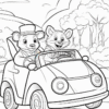 A bear in a top hat and a raccoon drive a small car down a road surrounded by hills and trees.