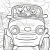 A bear and a mouse are happily driving a cartoon car on a road, with trees and clouds in the background.