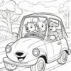 Three cartoon mice are driving a small car, with a smiling front bumper, surrounded by trees and hills in a cheerful setting.