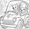 Two cartoon bears driving a small car through a tropical setting with palm trees in the background.