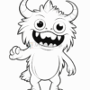 A cute cartoon monster with large eyes, big teeth, and horns, waving cheerfully, set against a blank background.