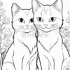 Two cats sit closely together in a floral setting, surrounded by various flowers, with a black and white outline design style.