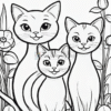 Three cartoon-style cats stand together among flowers, with distinct facial expressions and body shapes.