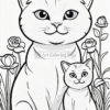 A large cat sits proudly next to a smaller cat amidst flowers, both outlined for coloring.