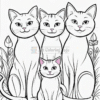 Four cartoon cats are standing among flowers; three are large and smiling, while one smaller cat sits in front, looking cute.