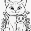 A cute illustration of a larger cat and a smaller kitten sitting together, surrounded by flowers and grass.