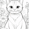 Cute cartoon cat sitting among flowers, with large expressive eyes and a friendly expression.